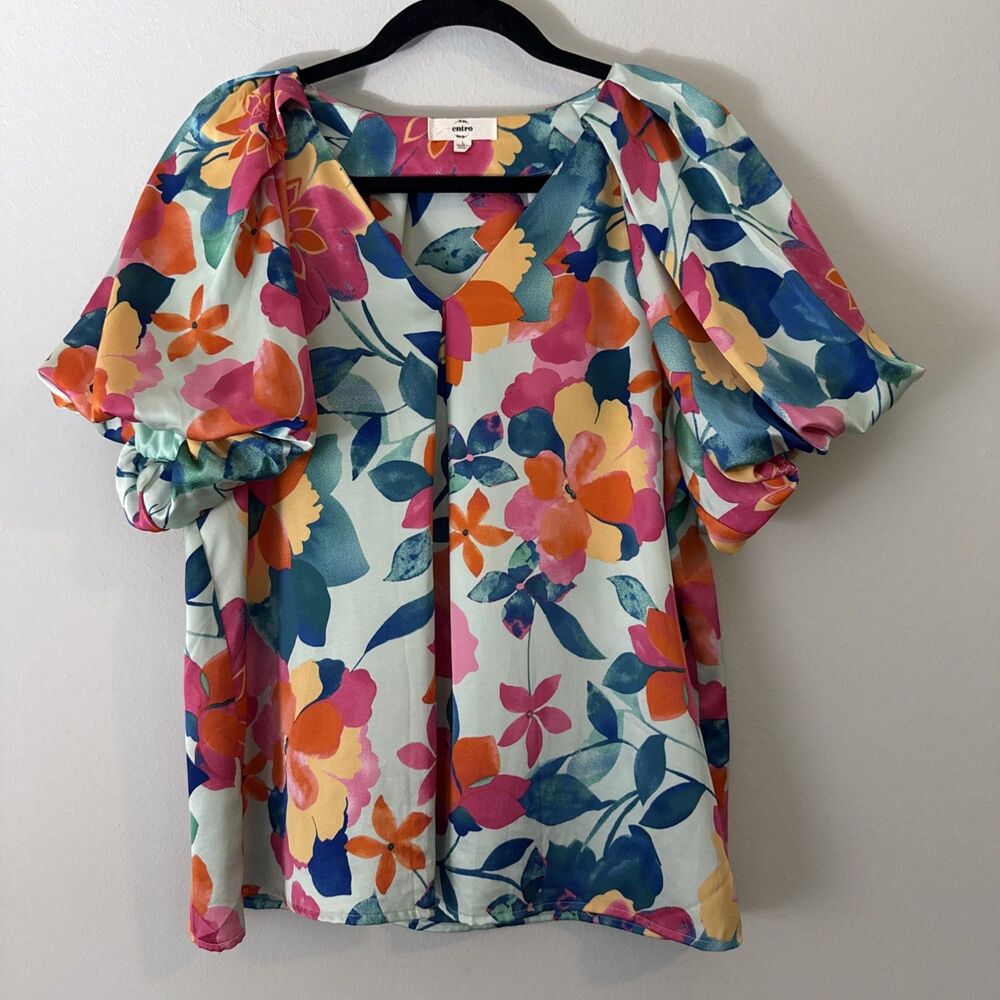 Entro Silky Bright Floral Bubble Sleeve Blouse Size Large